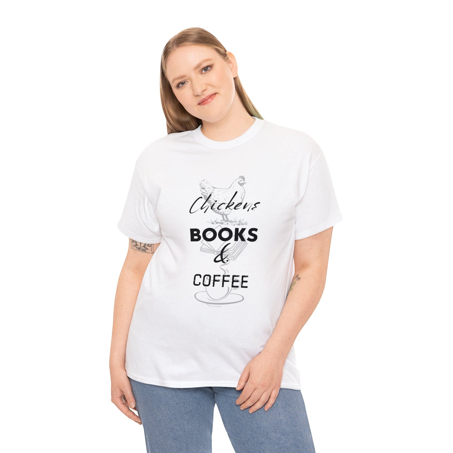 Chickens, Books, & Coffee - Unisex Heavy Cotton Tee