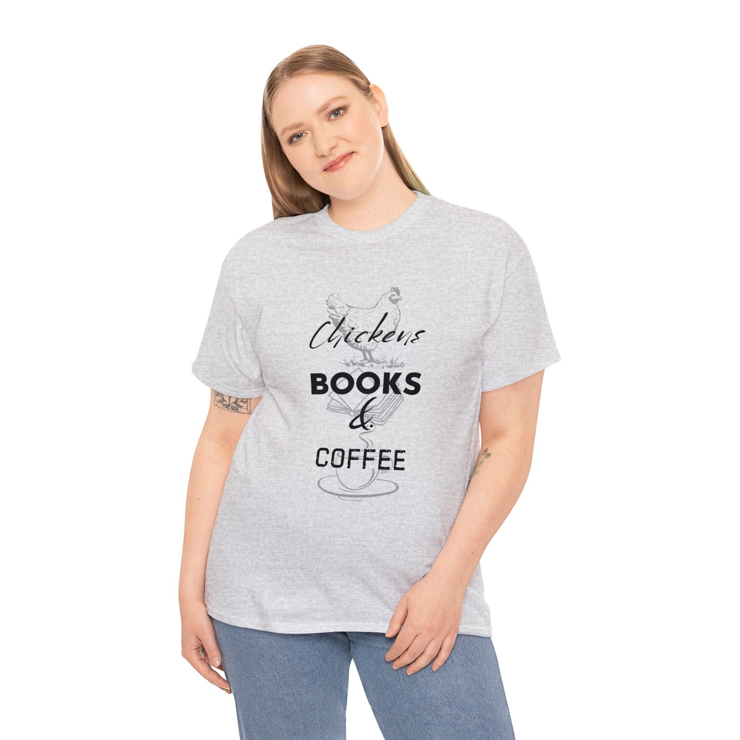 Chickens, Books, & Coffee - Unisex Heavy Cotton Tee