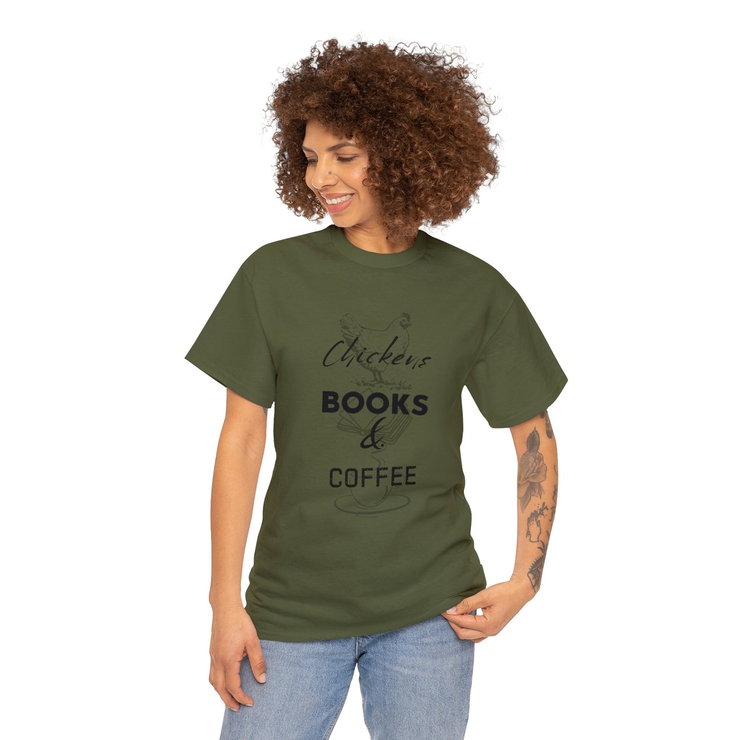 Chickens, Books, & Coffee - Unisex Heavy Cotton Tee