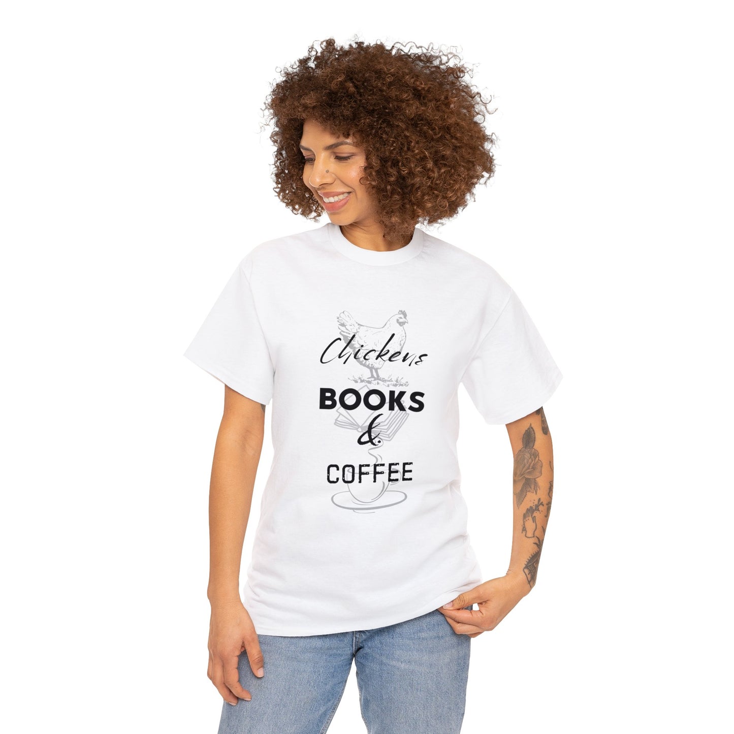 Chickens, Books, & Coffee - Unisex Heavy Cotton Tee